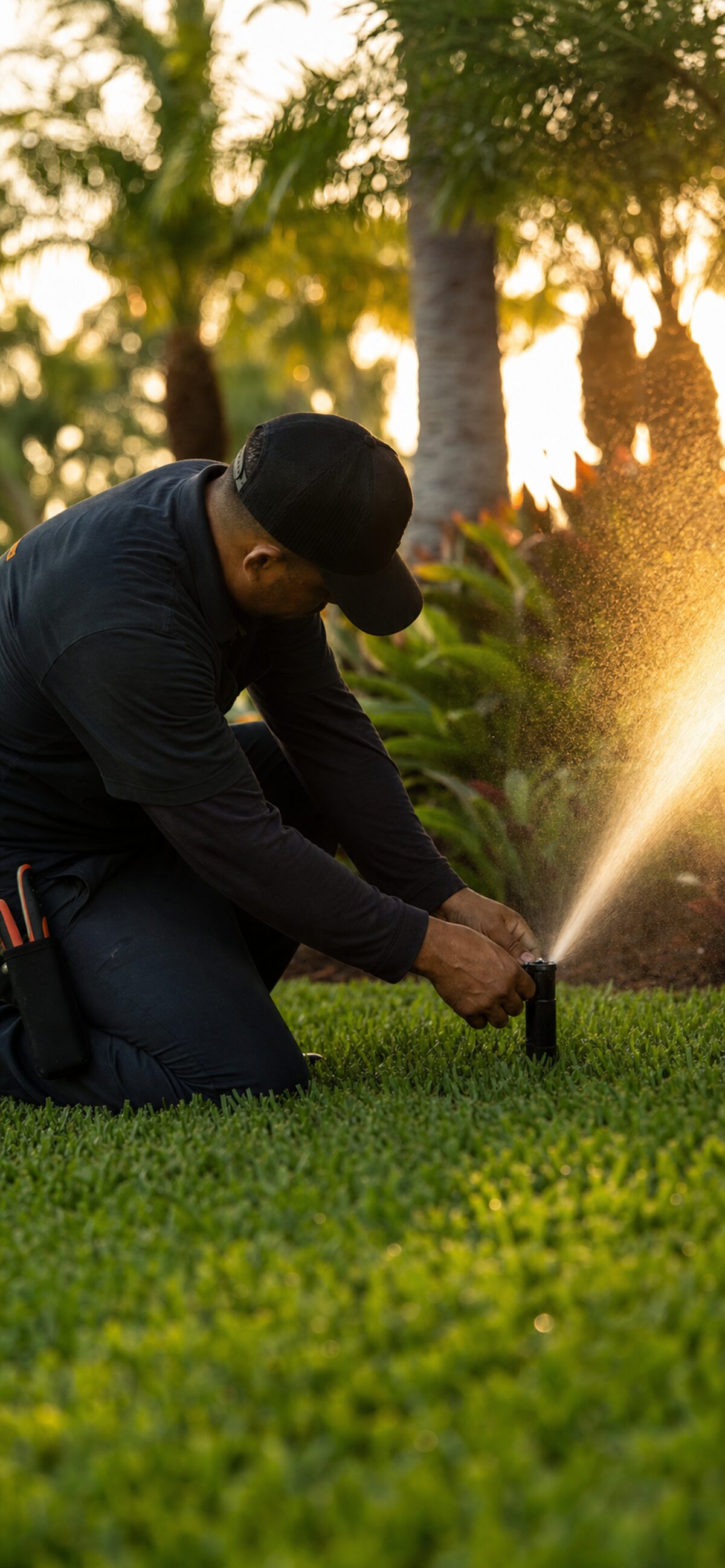 South Florida Sprinkler Solutions technician repairing an irrigation line in the rain