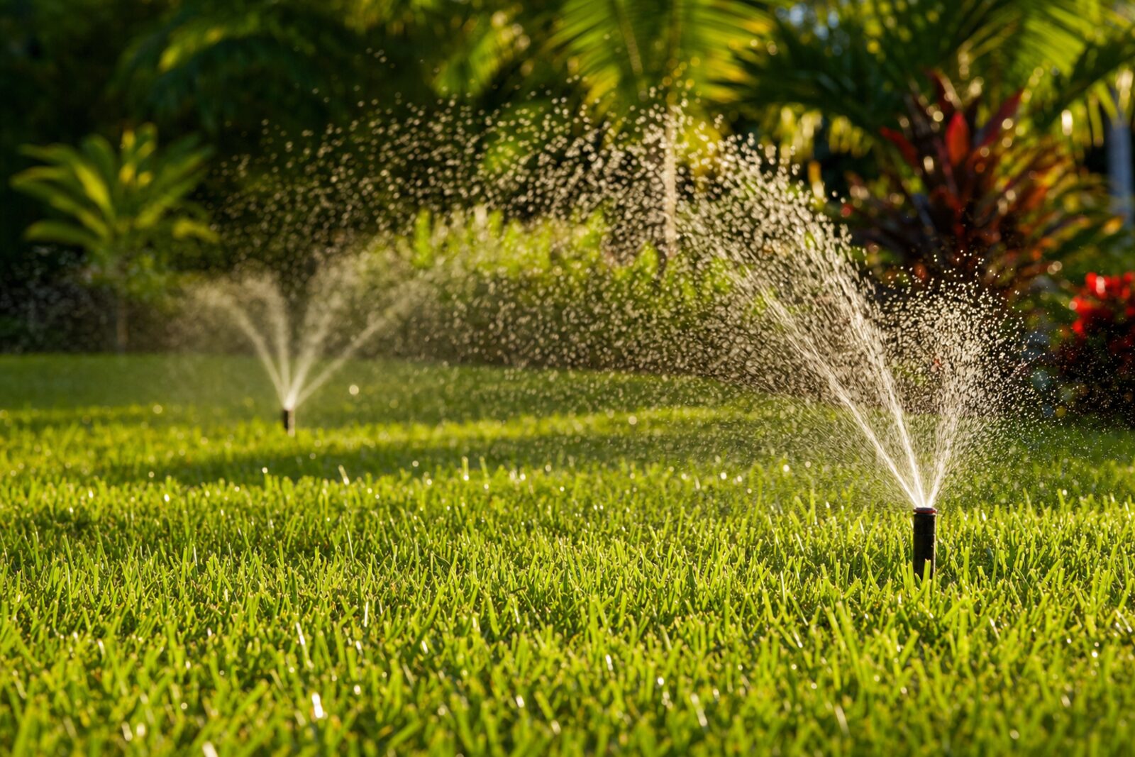 Sprinkler diagnostics in a Port St. Lucie front yard during a rain storm